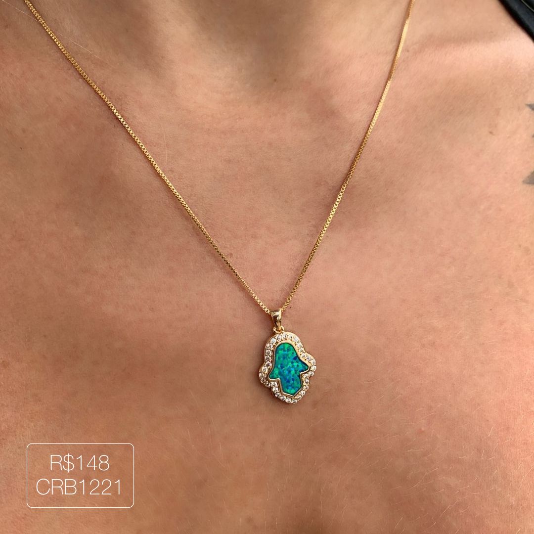 Colar Mão de Fátima Opala Dourado